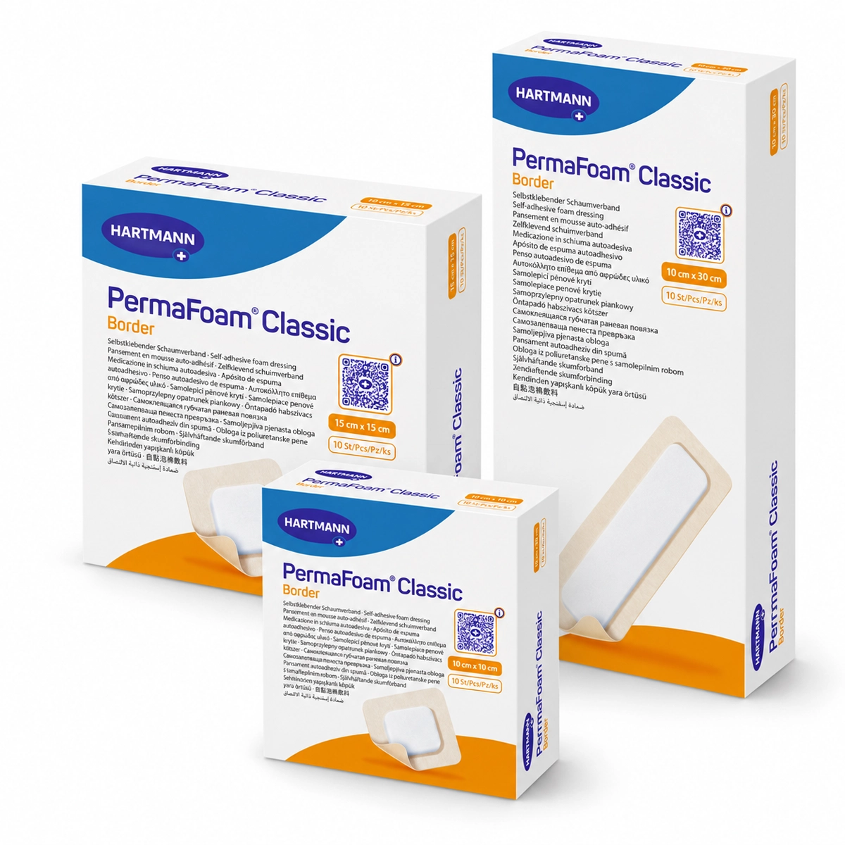 HARTMANN PermaFoam Classic Border yapışkan kenarlı köpük yara örtüsü ölçü seçenekleri ve kutuları