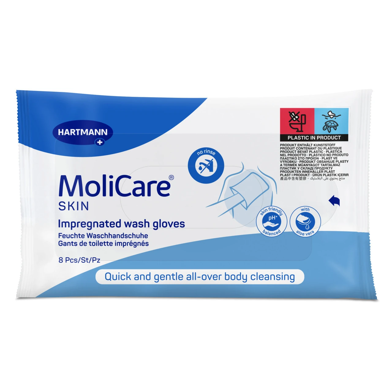 MoliCare Skin 8 adet nemli yıkama eldiveni ürün paketi