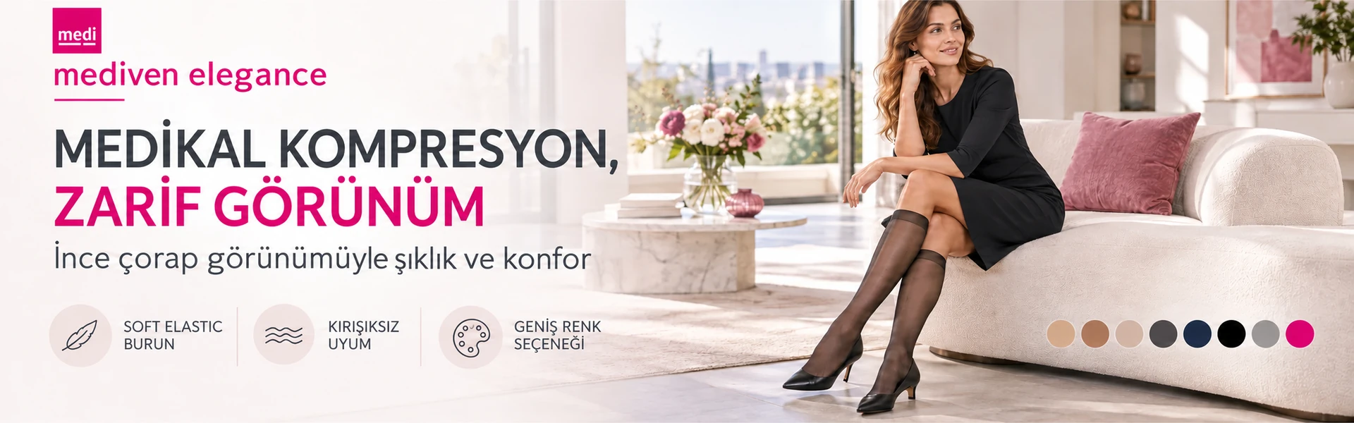 Mediven Elegance medikal kompresyon çorabı giyen kadın.